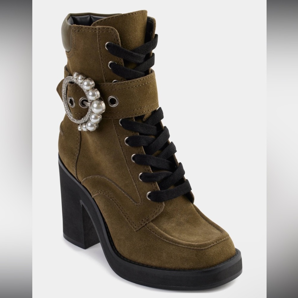 NIB Karl Lagerfeld Dottie embellished suede buckle boots